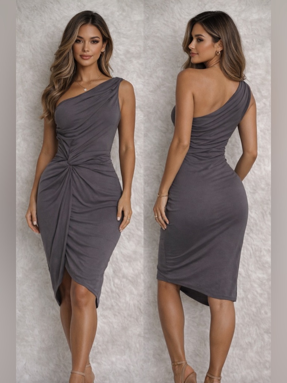 Maggie London Gray One-Shoulder Ruched Midi Dress Size 12
